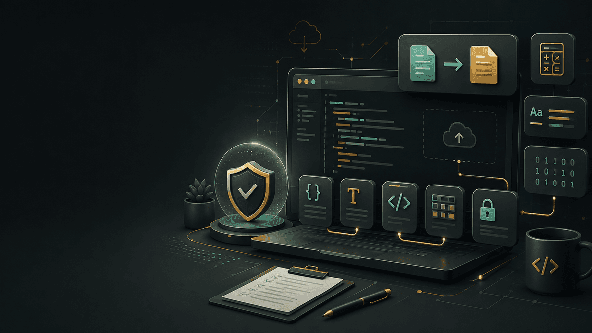 Developer workspace illustration — secure code editor, file conversion, text tools, and privacy shield icons
