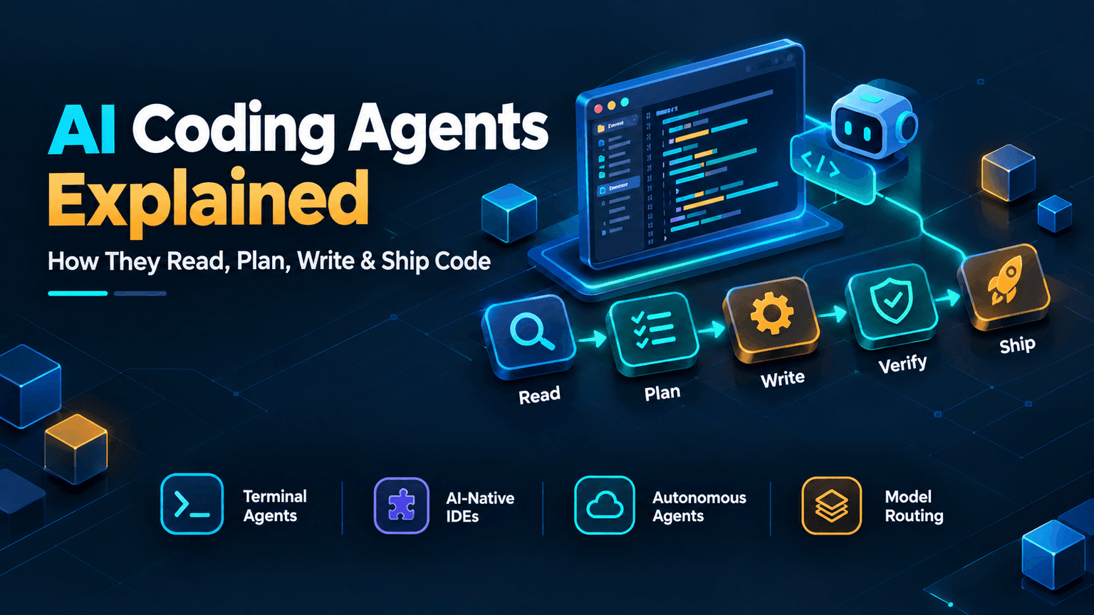 AI Coding Agents Explained — how they read, plan, write, verify, and ship code, across terminal agents, AI-native IDEs, autonomous agents, and model routing