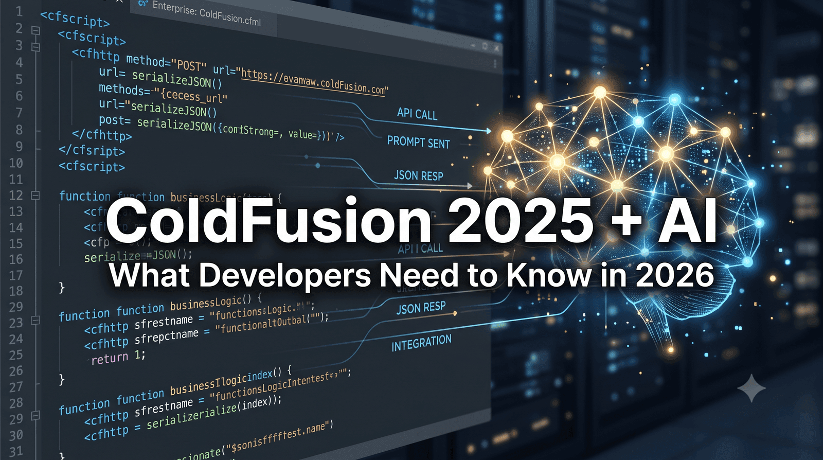 ColdFusion 2025 + AI: What Developers Need to Know in 2026, showing CFML code connecting to an AI neural network via API calls
