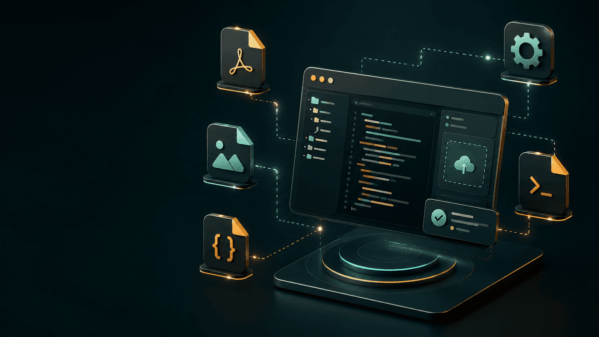 Developer tools illustration — file conversion, code editing, and settings icons connected to a browser-based workspace
